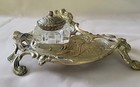Vtg 1900 s Art Nouveau Solid Brass Ornate Footed Inkwell Desk Set W  Glass  lid