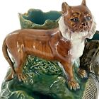 Antique Majolica Cigarette Holder match Striker ashtray - Cougar wild Cat Design