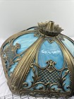 Old Antique Art Nouveau Slag Glass 6 Panel Lamp Shade   Metal Filigree Overlay