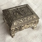 Antique Figural Footed Jewelry Box   Ornate Vanity Casket   Red Lined Trinket