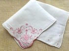 Vintage 1950s Hanky Hankie Embroidered Madeira Pink On White Linen New Nvr Used