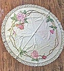 Vtg Table Topper 34  Round Beige Hand Embr Big Pink Roses Lace Trim
