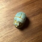 Small Vintage Antique Egyptian Carved Faience Scarab Blue Beetle Focal Bead