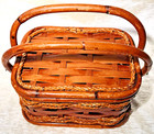 Vintage Woven Bamboo Petite Basket Picnic Sewing Storage Double Handles Hinged