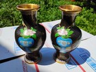 Set Of 2 Chinese Cloisonne Vase Black W  Floral Design 6  Tall Antique Pre-loved