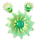 Vtg Fostoria Heirloom Green Low Bowl   Candlestick Holders Opalescent  Glass Set
