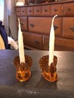 2 William Sonoma Glass Turkey Taper Candle Holders Amber Glass Thanksgiving Read