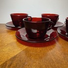 Set Of 8 Vintage Anchor Hocking Red Ruby Glass Cups   Saucers  16 Pcs Total 