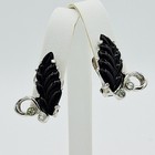 Vintage 1950s Black Thermoset Clip Earrings Silver Tone Leaf Mid-century