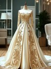 Vintage Champagne Evening Dresses O-neck Long Sleeves Satin Appliques Prom Gowns