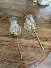 Vintage Solid Brass Wall Sconce Candle Holders W  Hurricane Glass Shades Set Of2
