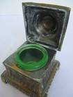 Victorian Ink Well Brass   Uranium Glass Antique Ornate Hinged Lid Inkwell