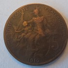 France 5 Centimes 1916 Bronze Coin Km 842 Republique Francaise