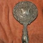 Vtg Hand Held Vanity Mirror Set  Silver Metal Victorian Floral Ornate Round 9 5 