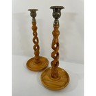 Vintage English Oak Open Barley Twist Candlesticks - A Pair