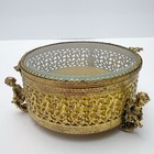 Vintage Cherub Filigree Gold Ormolu Glass Round Jewelry Casket Trinket Box