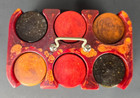 Red Marbled Bakelite Catalin Poker Caddy Holder W 110 Amber Black Bakelite Chips