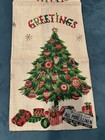 Vintage Christmas Linen Tea Towel Greetings Xmas Tree Mcm