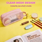 Clear Large Grid Mesh 2 Compartment Pencil Case Zipper Pen Pouch Makeup