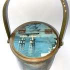 Vintage Round Wooden Decoupage Sewing Basket Box W  Handle   Hinged Lid