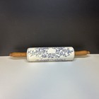 Vtg Rolling Pin Ceramic Floral Blue White Wood Handles Germany Blue Onion