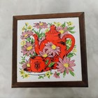 Vintage Wood 8 Coaster Set Box Ceramic Tile Teapot Top Mcm Cottagecore 70s