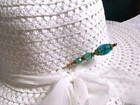 Hatpin With Stunning Aqua Glass And 2 Crystals On Old Brass Finish - 8 Inch