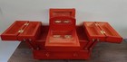 Vintage Red Wooden Cantilever Accordin Caddy Sewing Box