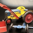 Vintage Marx Tin Litho Tractor Set W plow mower Farm Toy Usa Red Blue    
