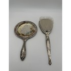 Vintage Silver Tone Repousse Hand Mirror And Brush Vanity Set Floral Lace Detail