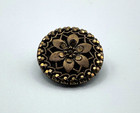 Antique Black Glass Button Floral Design W  Gold Luster Self Shank 7 8    La Mode