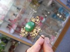 Antique Vtg Victorian Hat Pin - Stamped Brass Green Celluloid Top 12   s3626