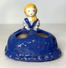 Vintage Ceramic Lipstick Holder Blonde Girl In Blue Dress Holds 4