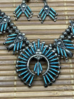Signed Zuni Turquoise Needlepoint Squash Blossom Sterling Necklace   Earrings