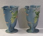 Pair Roseville Pottery Bleeding Heart Blue Vases 964-6 Art Deco Handles 1940 