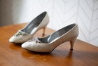Vintage 60s Women s Metallic Fabric Rhinestone 1960 Shoes Heels Size 6b