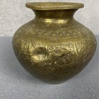 Antique Indian Brass Bowl Hand Engraved Etched Floral Elephant Figures Gold Tone