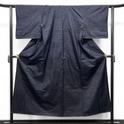 Oshima Tsumugi Kimono Leaf Flower Pattern Silk Blue Small Size Excellent Condit