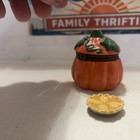 Vtg  Porcelain Hinged Trinket Box Pumpkin With Pie Trinket Thanksgiving Fall