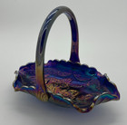 Vintage Fenton Carnival Glass Oval Handled Basket Cobalt Blue Floral Ruffle Cs