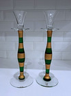 Pair Orrefors Anne Nilsson Celeste Candlesticks Signed 12    Green   Gold Stripe