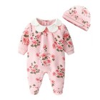 2-piece Baby Girl Floral Romper   Hat Set     Organic Cotton Long Sleeve Outfit