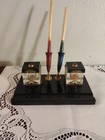 Antique  Black Marble Double Inkwell And Pens Set Glass Wells With Ornate Brass
