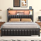 Full Queen Bed Frame 54 3  Tall With 3-tier Storage Headboard And Pu Leather