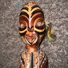 Vintage Hand Carved Maori Tiki Wooden Totem Figure Paua Eyes New Zealand Tribal