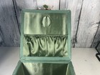 Vintage Sewing Basket Green Floral Tapestry W inside Tray Handle Wicker