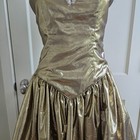 Vintage 80s Gold Lam   Formal Dress Xs S Beaded Basque Waist Full Skirt Bow
