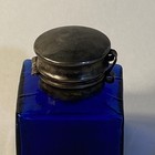 Antique Square Cobalt Blue Glass Inkwell With Rustic Hinged Brass Lid