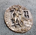 Large Antique Metal Pierced Picture Button Man In Front Of Building Waving