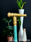 Nautical Brass Spy Hidden Engrave Telescope With Compass Green Leather Steampunk